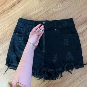 Trendy black zip up cut off high waisted shorts